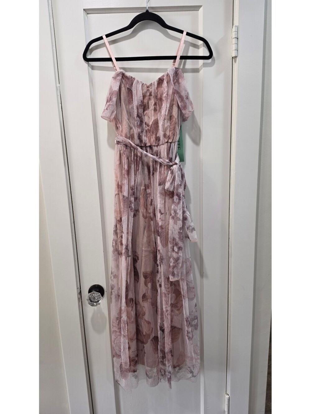 Candalite Petite PS Floral Pink Off-Shoulder Maxi Dress with Belt
